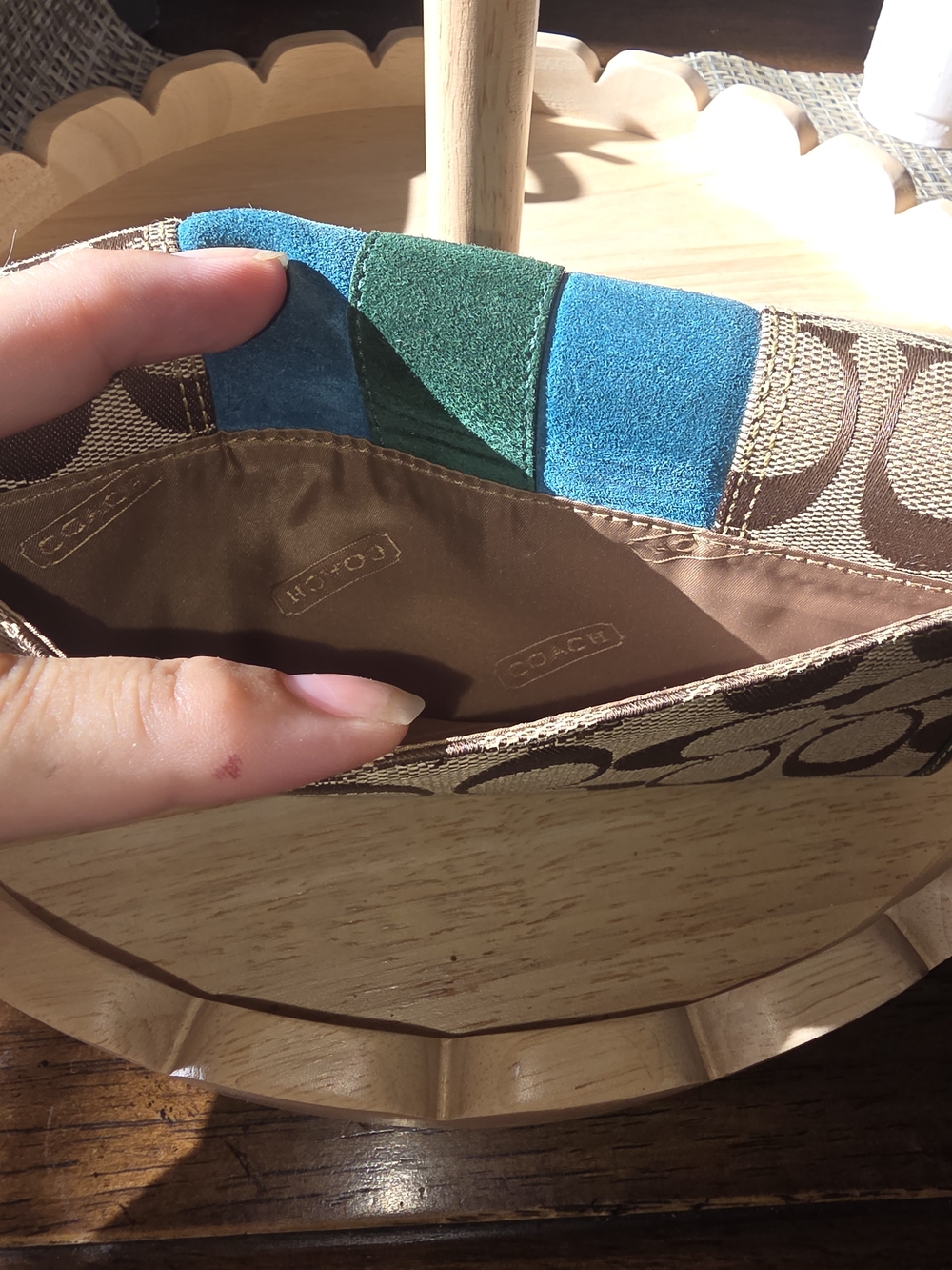Coach Signature Canvas Bifold Long Wallet in Khaki with Teal & Green Suede - Picture 5 of 11